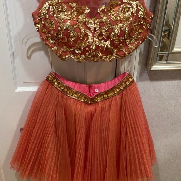 SHERRI HILL 45112 SZ 2 CORAL GOLD 2 PC SKIRT CROP COCKTAIL HOMECOMEING DRESS - Picture 4 of 13